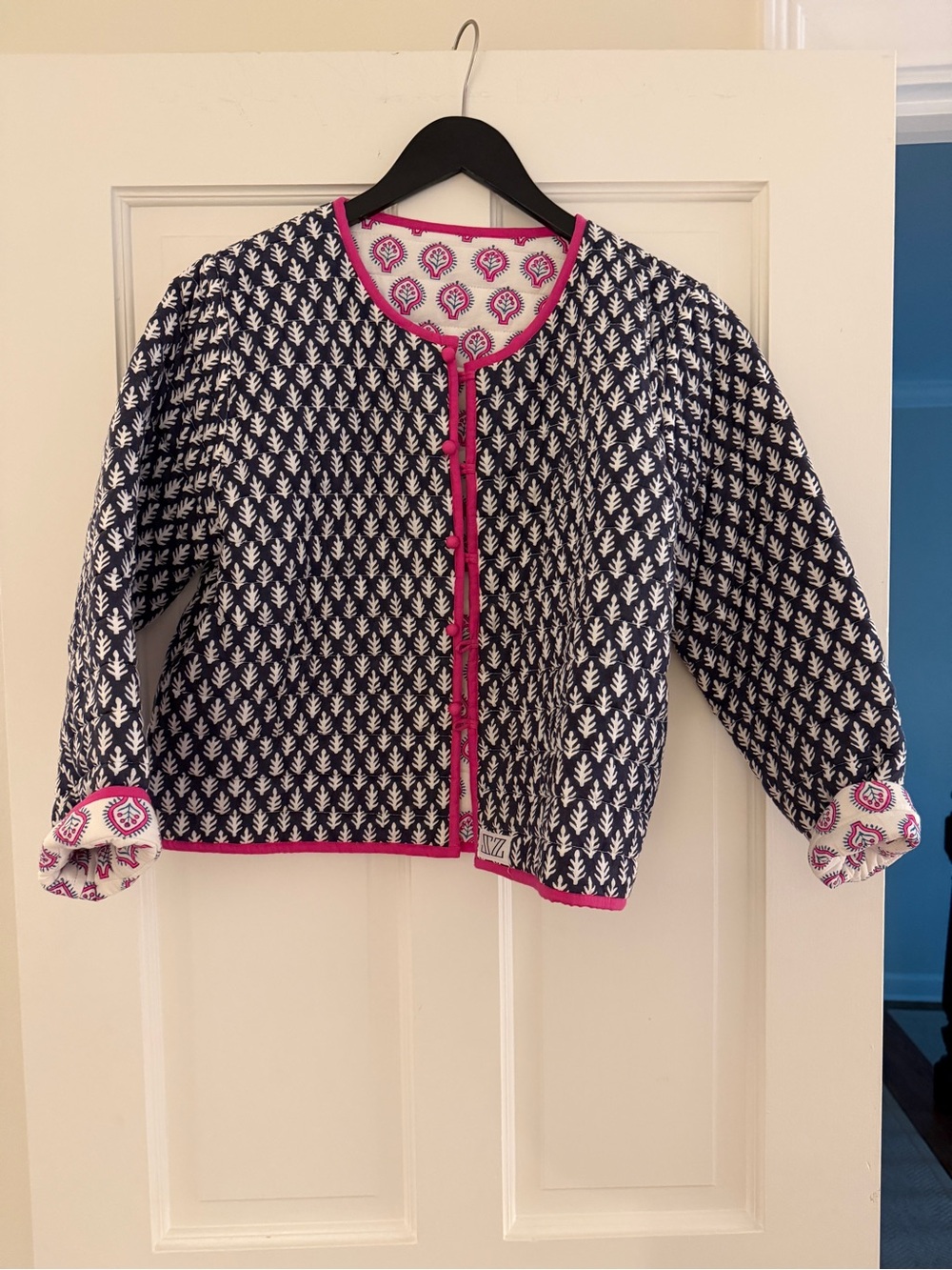 Girls Navy and Pink Printed Jean-Style Jacket